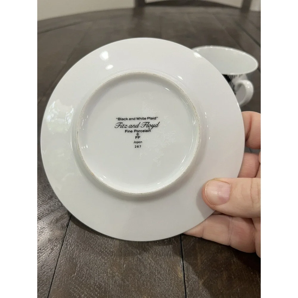 Fitz & Floyd Black‎ and White Plaid Buffalo Check Cup & Saucer Porcelain